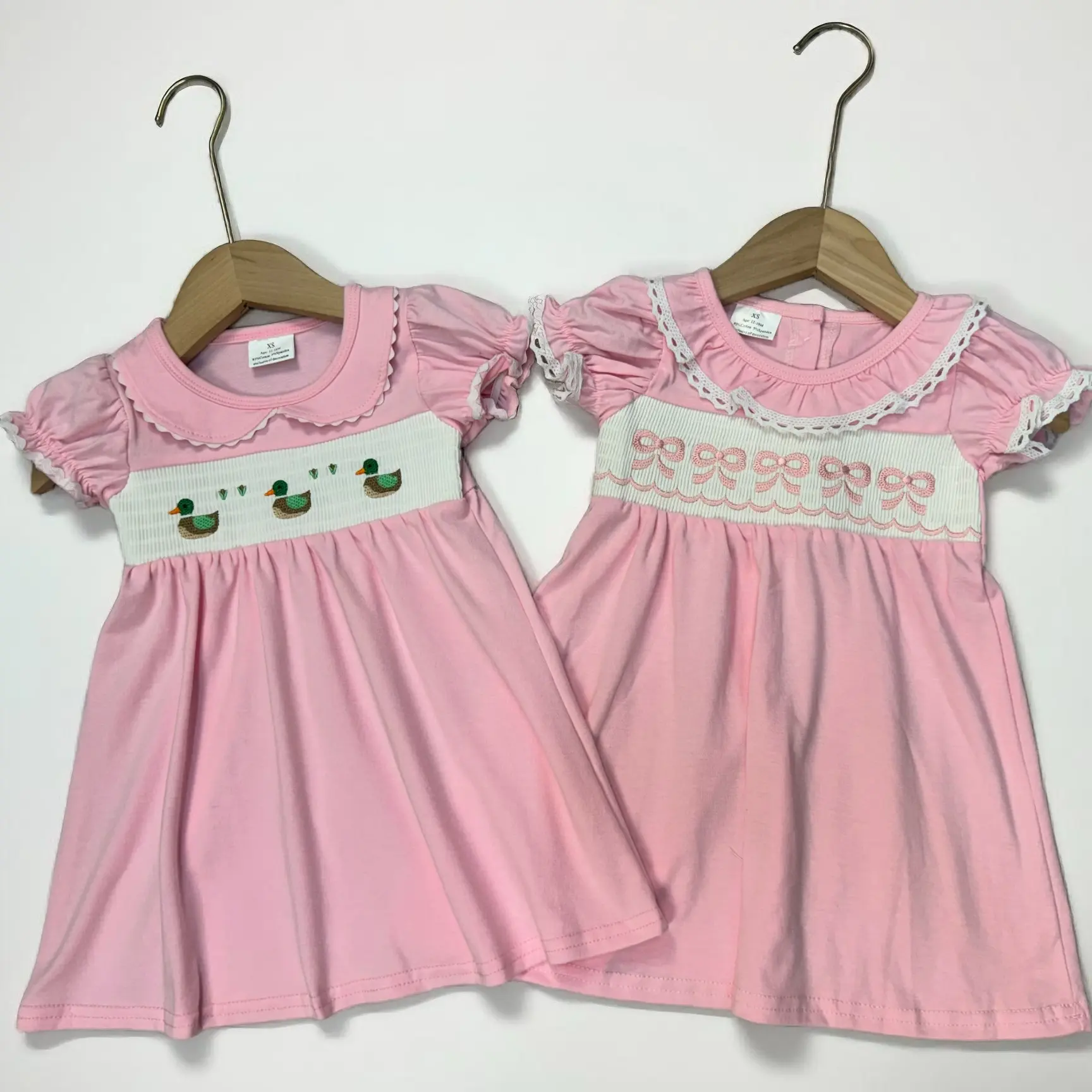 Girls' Smocked Dress with Mallard Duck Embroidery, Comfortable Long Sleeve Toddler Outfit with Peter Pan Collar, 0-2T