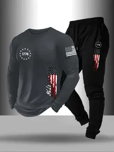 Men's Fashion Long Sleeve Two-Piece Set, Saint Statue Print T-Shirt & Drawstring Sports Pants, Casual for Spring & Fall