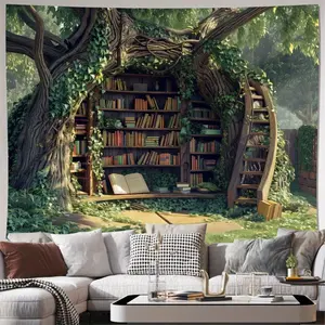 Enchanted Forest Bookshelf Tapestry - Magic Themed Interior Design, Towering Trees & Greenery, Polyester Wall Hanging for Living Room, Decor Art Home House Decoration