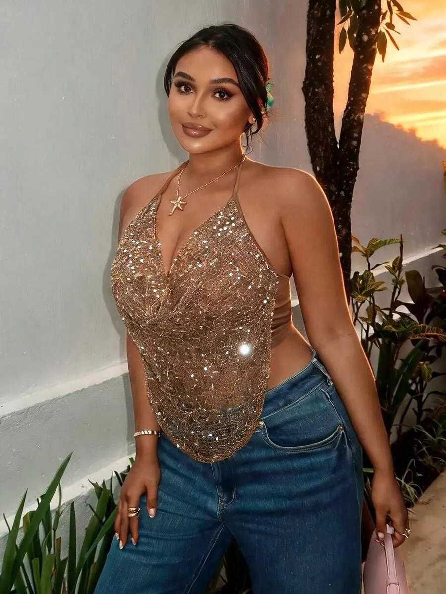 Plus Size Women Solid Color Rhinestone Draped Neck Fashionable Camisole