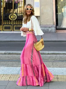 Boho Pink Patterned Tiered Maxi Cotton Skirt Leather Womenswear