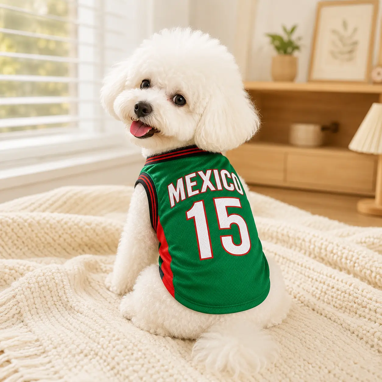 Mexico 15 Pet Soccer Style Jersey, Red Green Breathable Dog Cat Shirt, Sleeveless Mesh Sports Vest for Small Medium Pets, Lightweight Puppy Outfit for Daily Wear, Walks, Photos, Parties and Outdoor Activities