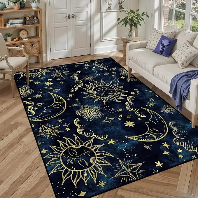 Star Rug Celestial Area Rugs for Girls Boys Women Bedroom Dorm Living Room Boho Sun and Moon Galaxy Floor Mat Pad Doormat Carpet Decor summerwins