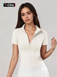 Women's Sporty Slim Fit Zipper Shirt, Short Sleeve Stand Collar, Ideal for Tennis and Daily, Women's Fashion Apparel, Sports Tops, Tennis Attire