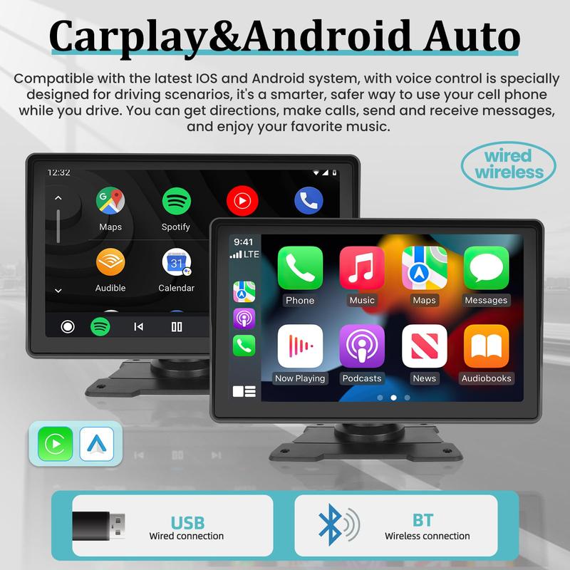 7 Inch Protable Carplay Car Screen, Wireless Android Auto Dash Mount, Car GPS Navigation System with Mirror Link/Bluetooth/FM Transmitter/USB + 12LED Backup Camera