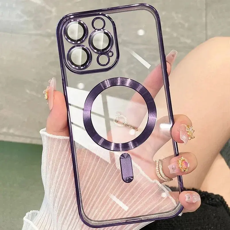 Magnetic Snap Fit TPU Shockproof Phone Case with Plating, Anti-Fingerprint, Wireless Safe Charging, Half-Wrap Design - Shockproof Protector for iPhone 11 Pro Max Plus,12,12 Pro,13,14,15,17,17 Air Cellphone Accessory