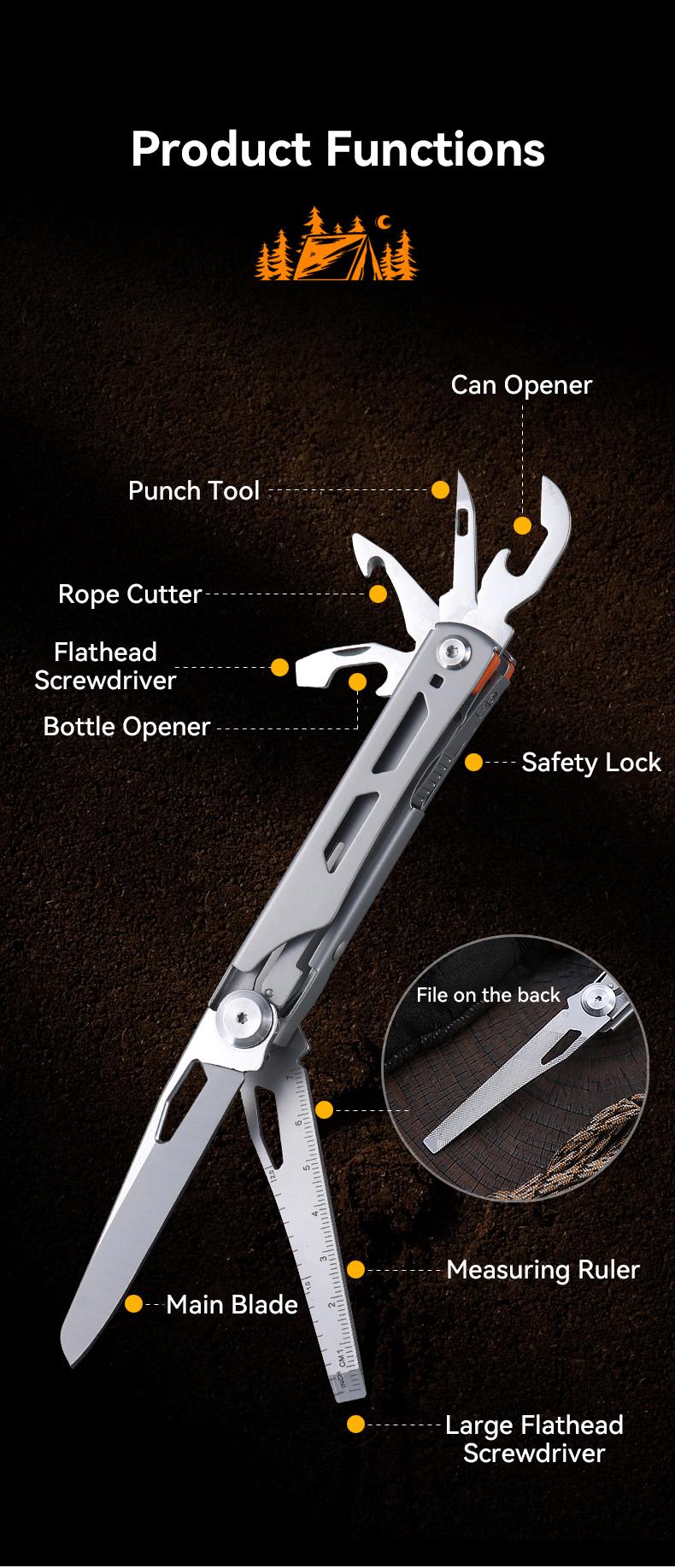 VerveWave 10-in-1 Hard Stainless Steel Portable Multitool - Foldable Self-Locking Pocket Knife with Belt Clip, First Aid Scissors, Saw, Bottle Opener, Versatile EDC Items Mini Gadget for Emergencies, Portable Multi Tool