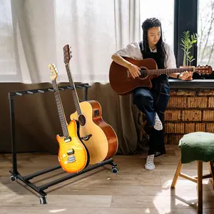Garvee 7 Guitar Stand Rack with Wheels, Folding Design, Multi-Guitar Holder for Acoustic, Electric, Bass Guitars - Rolling, Movable Stage and Studio Display Rack
