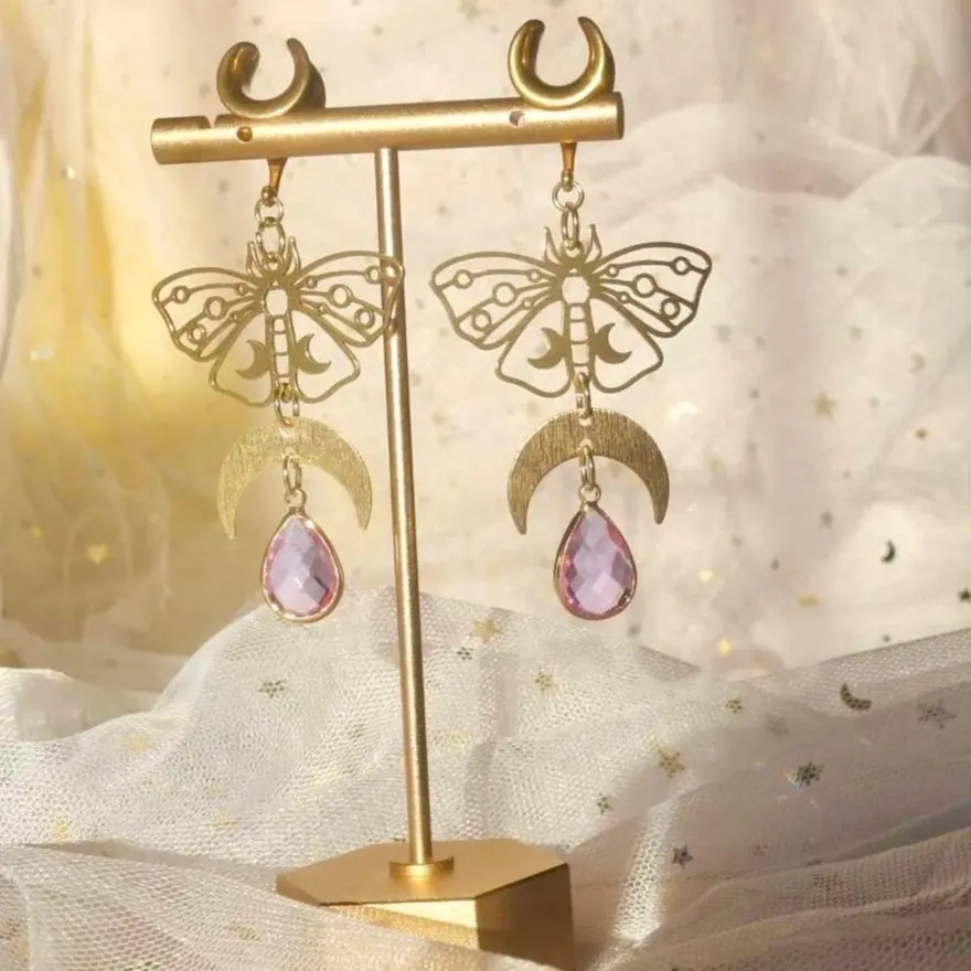 4g-25mm Gorgeous Gold Lunar Moth Lilac Dangle Plugs