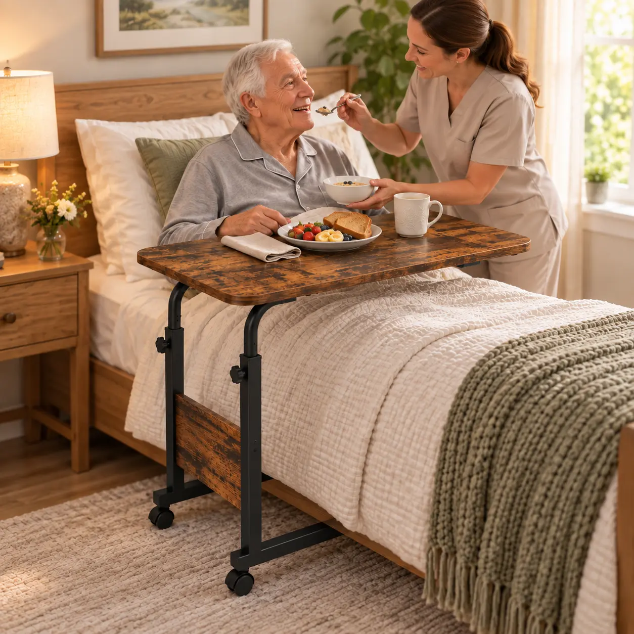 Adjustable Bedside Table with Wheels for Easy Mobility and Convenience