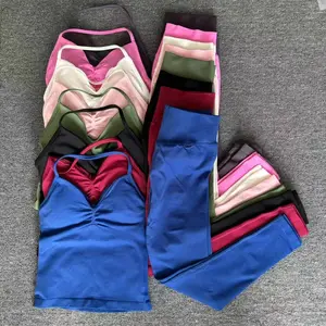 Dfyne 2 Pieces Yoga Df Women Longline Strappy Top And Scrunch Leggings Gym Fiess Clothes Outfit Workout Set