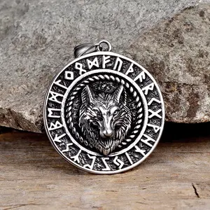 Gthic Viking Runes Wolf Head Stainless Steel Necklace for Men Women Statement Jewelry Daily Wear