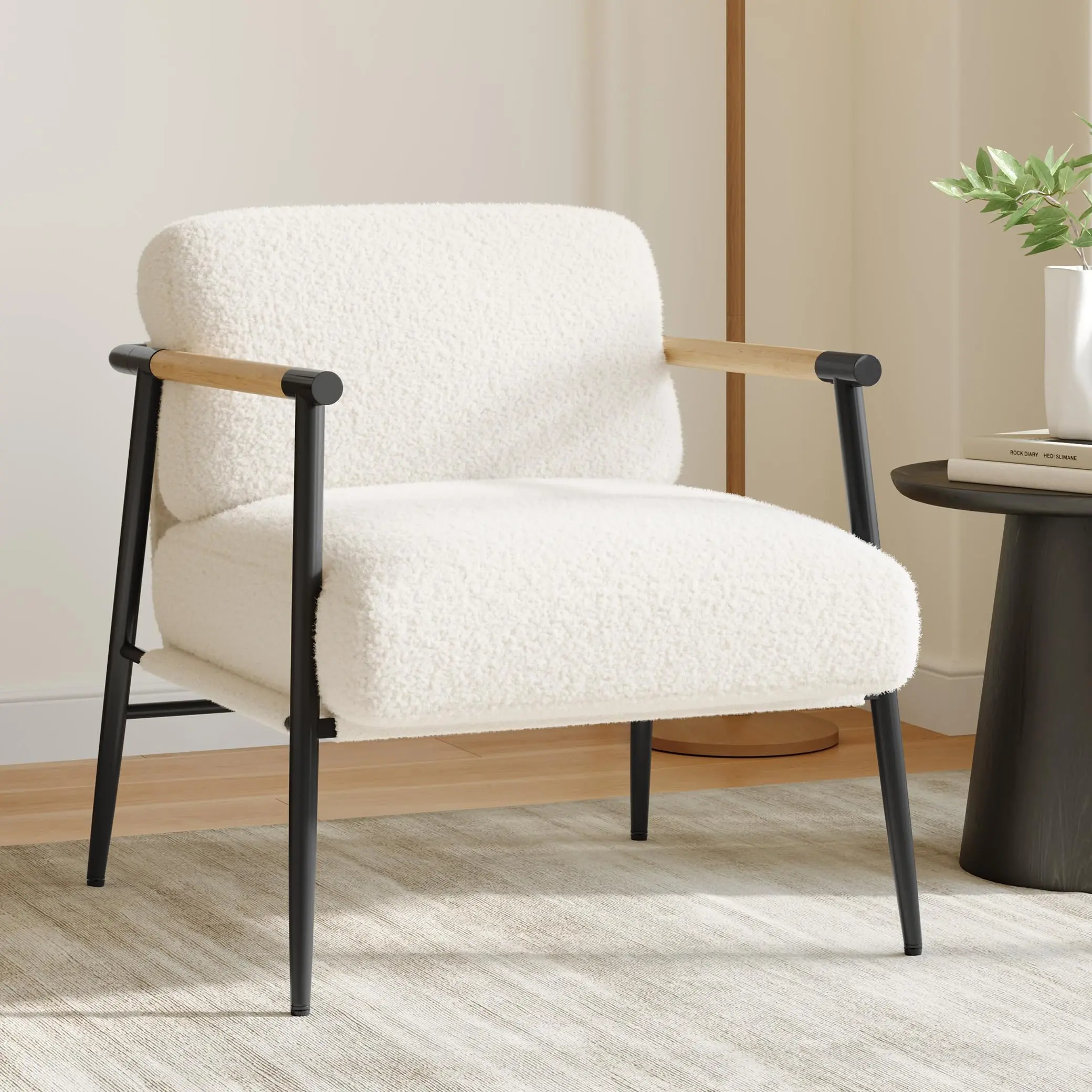 GARVEE Accent Chair, Boucle Arm Chair Living Room Chair with Metal Frame, Reading Accent Chair, Modern Bedroom Chair, Boucle Armchair with Wooden Arms