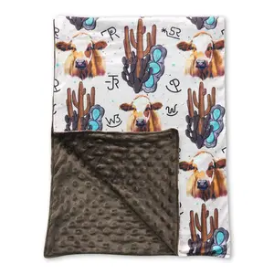 Western Brown Cactus Cow Minky Print Kids Blanket