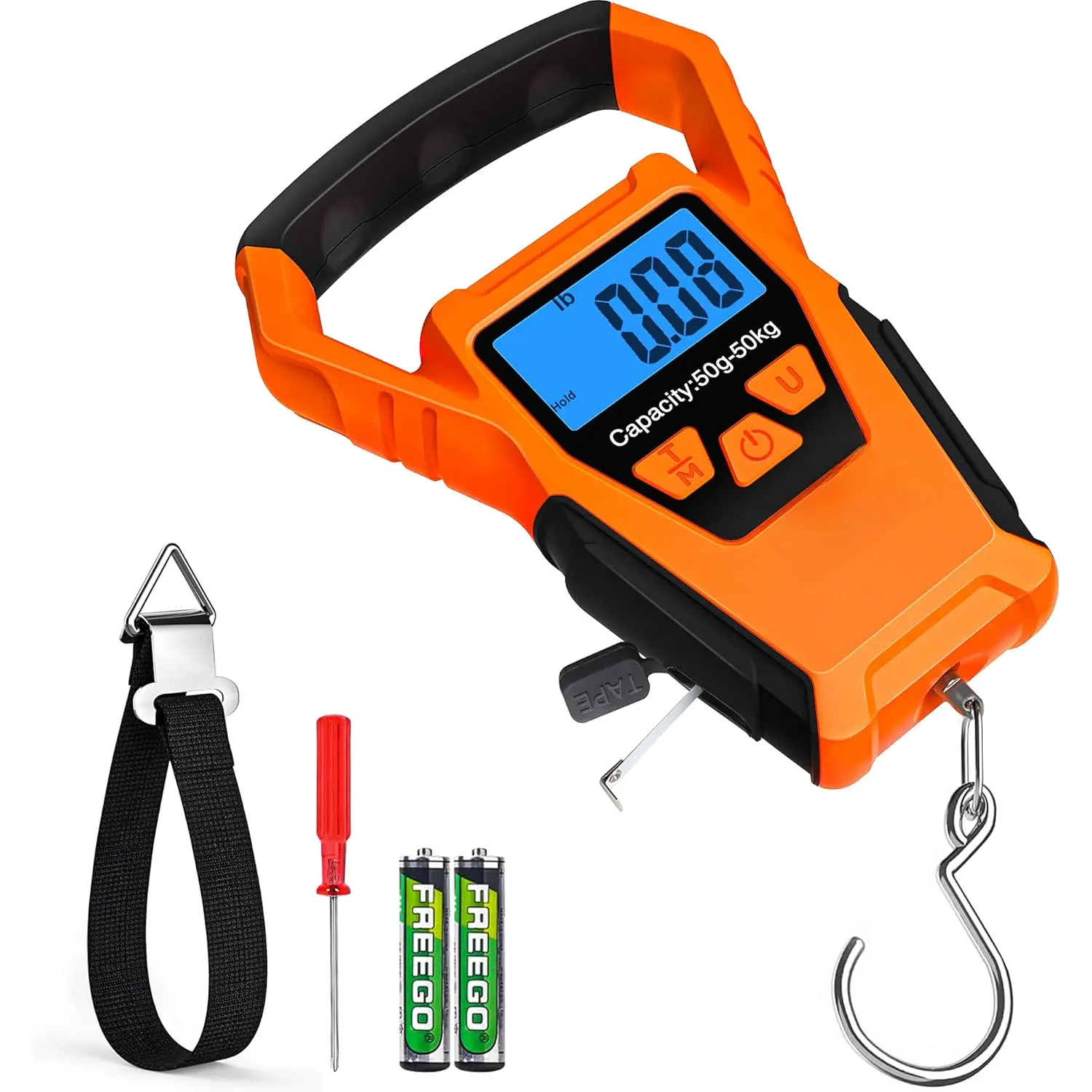 Waterproof Fish Scale Digital with Backlit LCD Display, 110lb/50kg Portable Hanging Scale Fishing Scale for Home and Outdoor, Measuring Tape and 2 AAA  Included