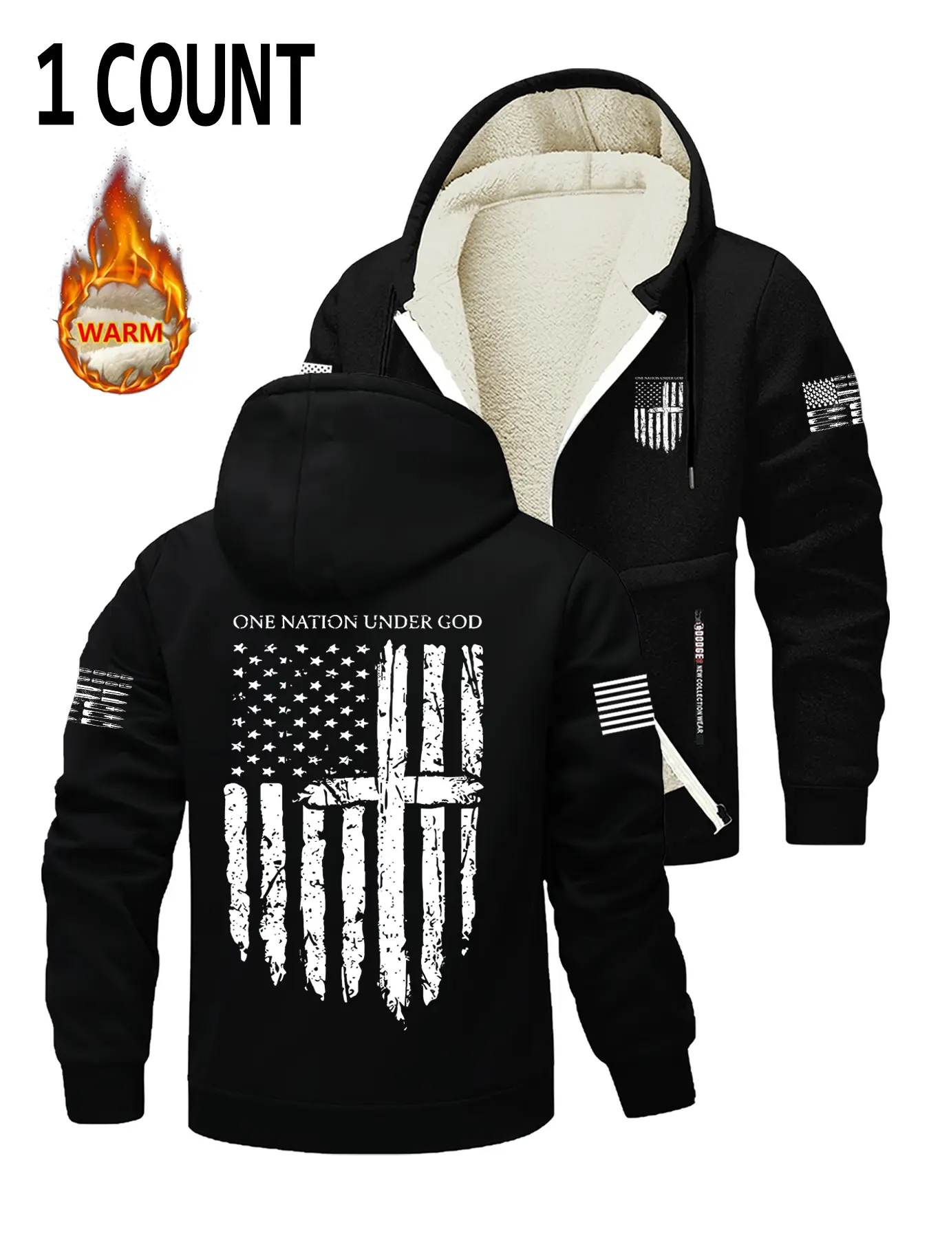 Men's Fleece Fashion Casual Hoodie Jacket, Flag Pattern Print Design, Fall Winter Trendy Thick Coat, Zipper Pockets, Perfect Warm Outerwear