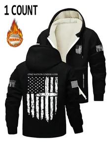 Men's Fleece Lined Zipper Hoodie Jacket, Flag Print Design, Soft Comfortable Fabric, Casual Fashion Outerwear for Fall & Winter Seasons
