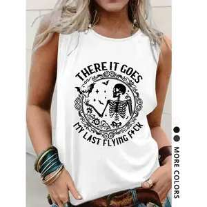 Women's Skeleton Skeleton and Letter Printed Round Neck Tank Top, a casual and fashionable sleeveless top suitable for daily wear, all season women's clothing, socks, HalloweenRAIMENTRY
