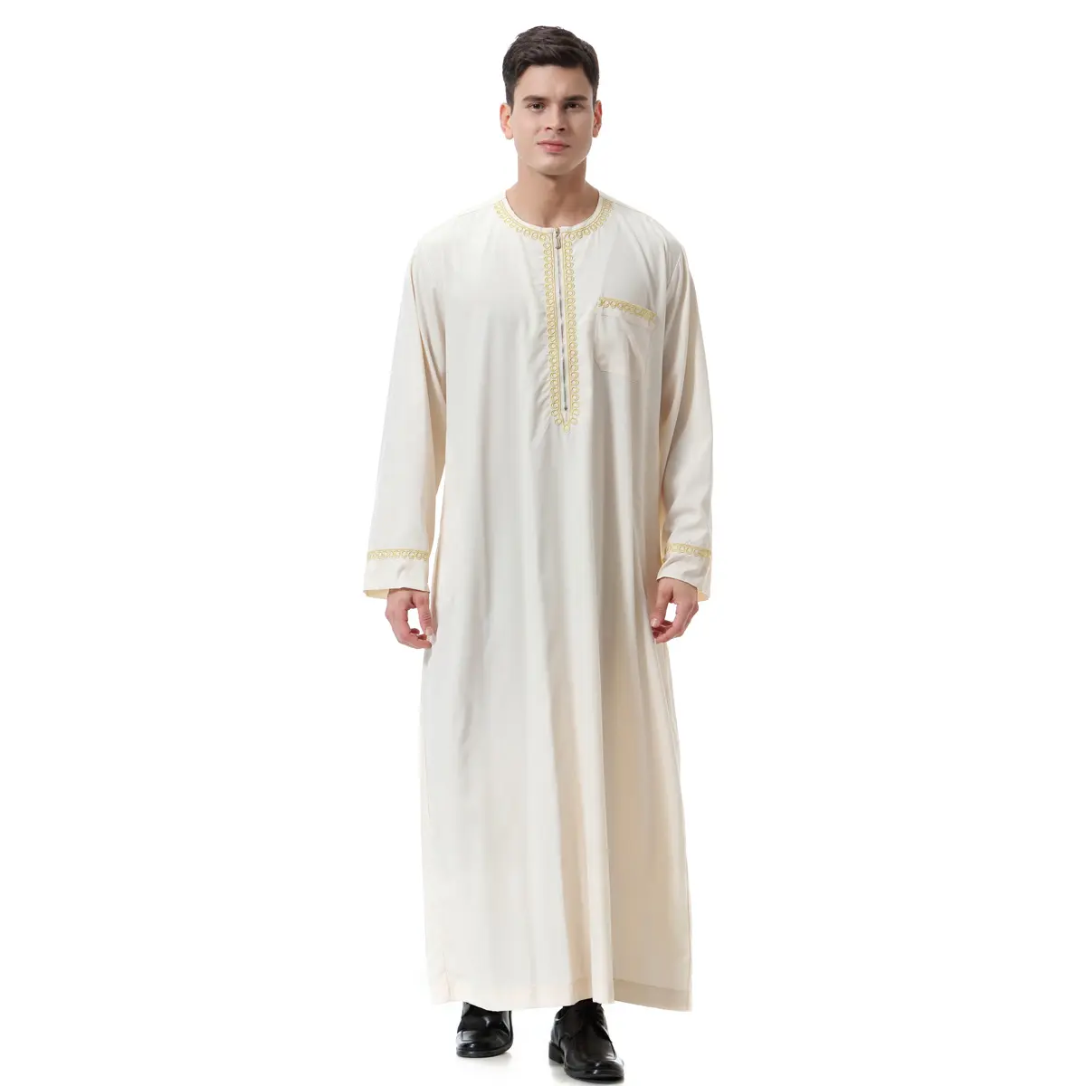 Men's Arabic Style Modesty Thobe, Solid Polyester Fabric Casual Wear with Full Sleeves and Zip-Up, Hand Washed Islamic Clothing, Clothes