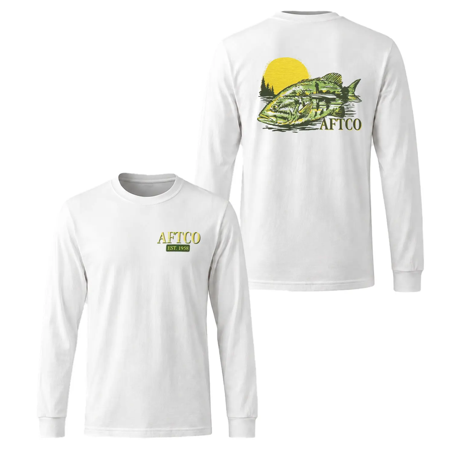 AFTCO Fishing Long Sleeve Shirt, Vintage Bass Graphic Angler Outdoor Fishing Tee, Gift for Fishermen