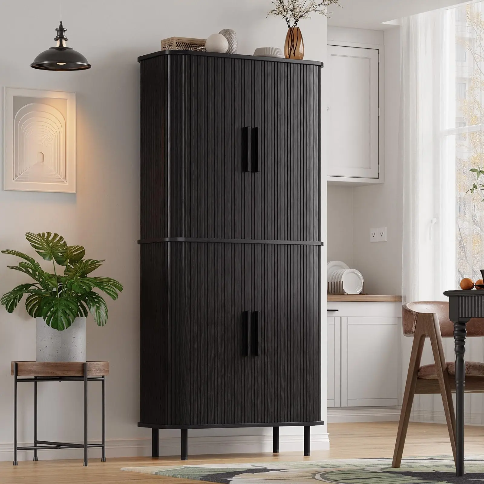 【SummerFinds】ONBRILL 71" Fluted Tall Pantry Cabinet - Adjustable, Floor-Based, Functional, Grippable Tall Cupboards, Wood Storage Organization Cupboard with 2 Pegboards, 4 Hooks & Adjustable Shelves for Kitchen, Dining Room, Adjustable Tall Cupboards
