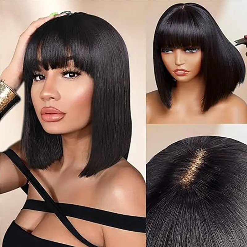 DATANALA Bob Wig Human Hair With Bangs 1X3 Lace Glueless Wig Human Hair, Short Wigs Human Hair Glueless Wear And Go For Black Women Beginner Friendly