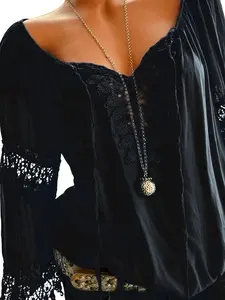 New Lace Patchwork Square Neck Chiffon Blouse for Women, Loose Fitting Seven-Quarter Sleeve Top Shirts, Casual Aesthetic Plain Style, All Seasons
