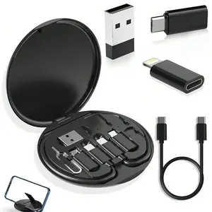 Portable Fast Charging Cable Kit, Cable Storage Box, USB-C/USB-A/Micro-USB Travel Set with Phone Stand