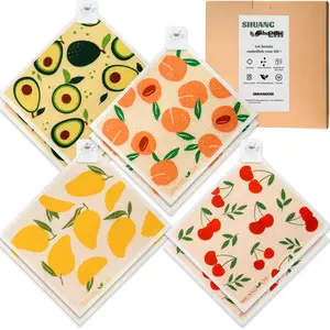 SHUANGCHI 4/8 Pack Swedish Kitchen Cloths Reusable Dishcloths Washable Fruit Pattern with Adhesive Clips & Labels Super Absorbent Quick-Drying Microfiber Cloth for Everyday Cleaning Dishwashing  microfiber towel