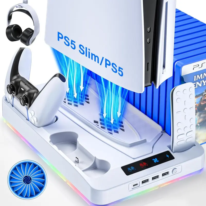 2026 Upgraded Cooling Station for PS5/Slim Console with Dual PS 5 Controller Charger,Dual Tubor Fan,3 USB Hubs