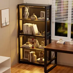 63" Wood Display Cabinet with Glass Doors & RGB Lights - 4-Tier Adjustable Shelves, Anti-Tip Design for Collectibles in Living Room/Study