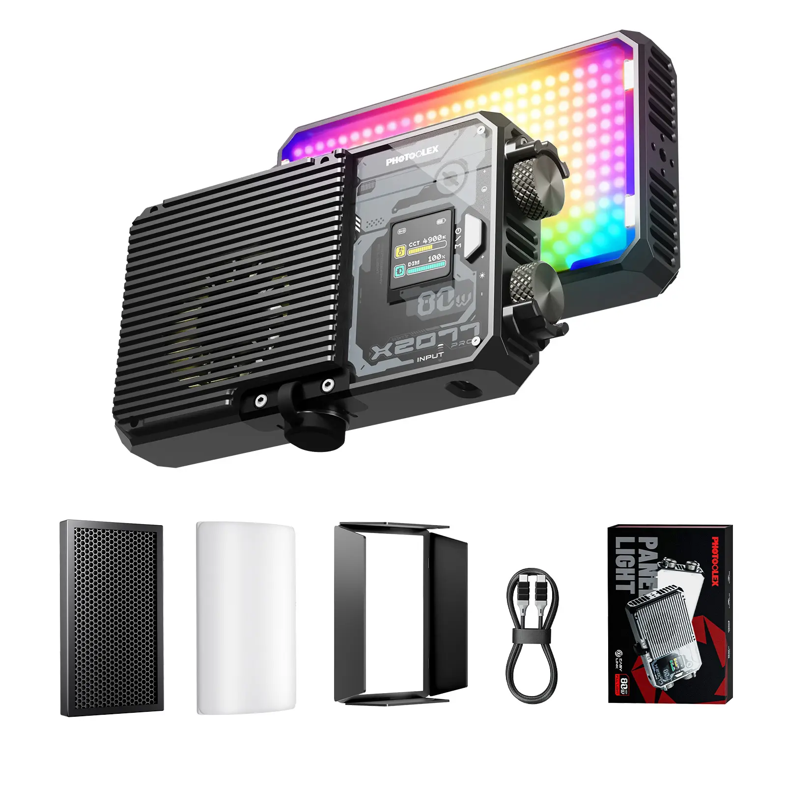 PHOTOOLEX 2077 Pro RGB LED Video Light 80W 2700K-6500K 21 Effects App-Controlled for Filming Streaming Outdoor Scenes Perfect Gift
