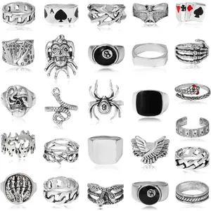 26 Pcs Vintage Silver Punk Rings Set for Men Cool Gothic Chunky Rings Statement Snake Wing Signet Ring Set
