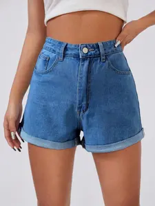 American Retro Hot Girl High-Waisted Rolled Hem Denim Shorts, Slimming Leg-Lengthening, Casual Style, Solid Pattern, Women's Fashion