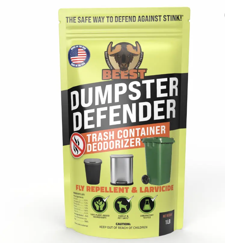 Beest Dumpster Defender Powder Deodorant - Outdoor Trash Can Deodorizer & Liquid Waste Absorber, Biodegradable Dual-Action Cellulose Granules with Rosemary, Lemongrass & Peppermint Essential Oils - For Bins, Made in USA, Recycling Bins, Granular