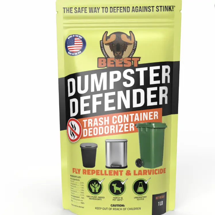 Beest Dumpster Defender Powder Deodorant - 1.5 lbs Dual-Action Biodegradable Cellulose Granules, Non-Toxic Outdoor Bin Odor Control, Liquid Waste Absorber with Rosemary, Lemongrass, Peppermint Oils, Made in USA Home Cleaner