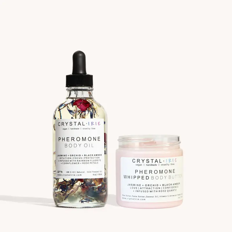 Pheromone Body Care Bundle | Fragranced Coconut-Shea Moisturizer Set with Shimmer Finish by Crystal Irie