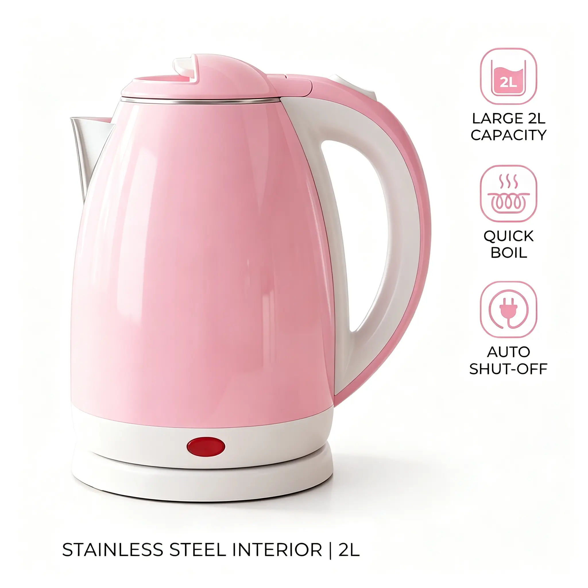 2-Liter Pink Electric Kettle with Stainless Steel Interior, BPA-Free Fast Boiling Water Boiler, Auto Shut-Off, Boil-Dry Protection, 360-Degree Rotatable Cordless Base for Household Kitchen Use (2-liter size)