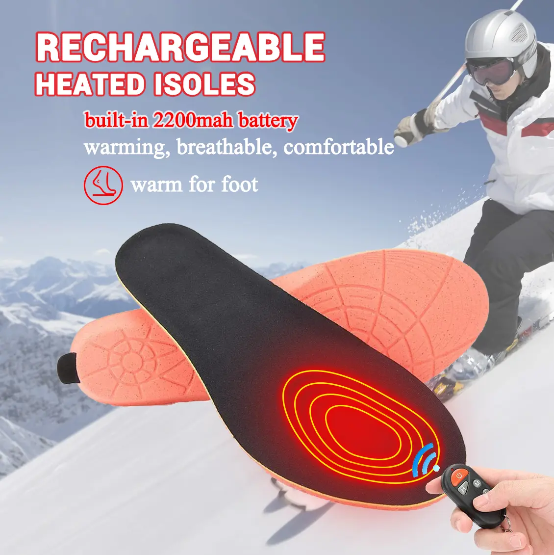 Rechargeable Heated Insoles for Women & Men 2000mAh Battery Foot Warmers for Outdoor Hunting Fishing Camping Size Adjust
