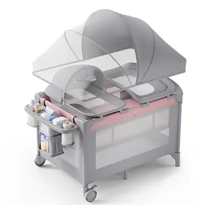 BabyBond 4 in 1 Baby Bassinet & Pack and Play with Sleeper Nest, Diaper Changer, Mosquito Net, Storage & Toy Bar for Newborn-Toddler Beds(Gray Pink)-Ideal Christmas Gifts for Babies