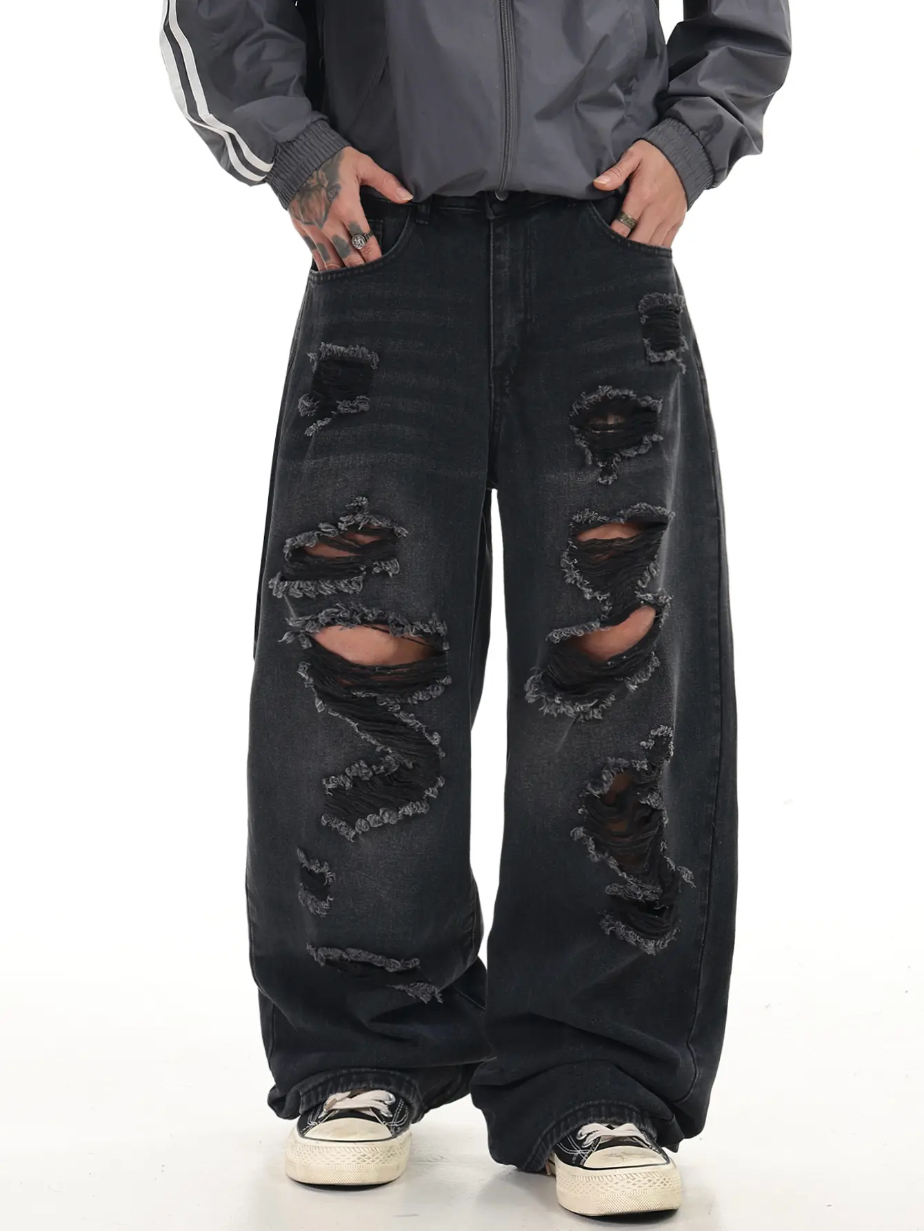 UP.THE Multi-Hole Destroyed Distressed Ripped Frayed Oversized Wide Leg Baggy Black Washed Jeans Men Vintage Faded Stacked Denim Pants Y2K Grunge Hip Hop Skater Streetwear Daily Casual Outfit