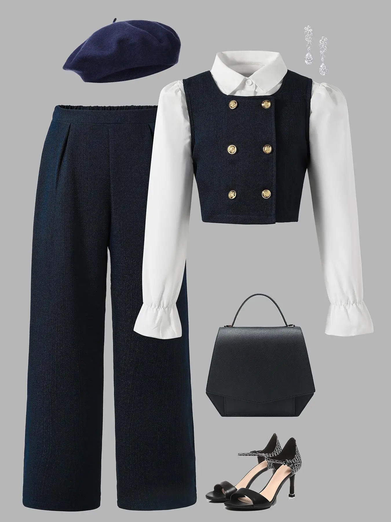 Three-Piece Set Girl's Solid Button Front Vest Blazer & Collar Shirt & Wide Leg Pants Set, Elegant Fashion Casual Three-piece Outfits for Daily Outdoo