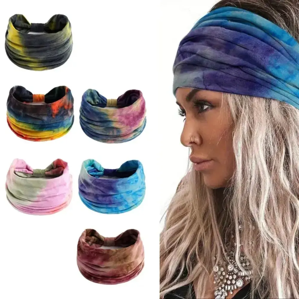 6-Pack Boho Headbands for Women, Vintage Tie Dye Wide Knotted Hair Wraps, Stretchy Polyester for Sports & Daily Wear