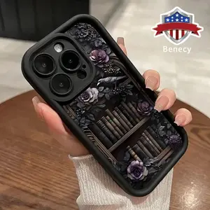 TPU Phone Case for iPhone 15 16 14 Pro Max 13 12 11 XR XS Plus E Floral Bookshelf Pattern Anti-Scratch Shockproof Soft Silicone Protective Cover Smartphone Casing