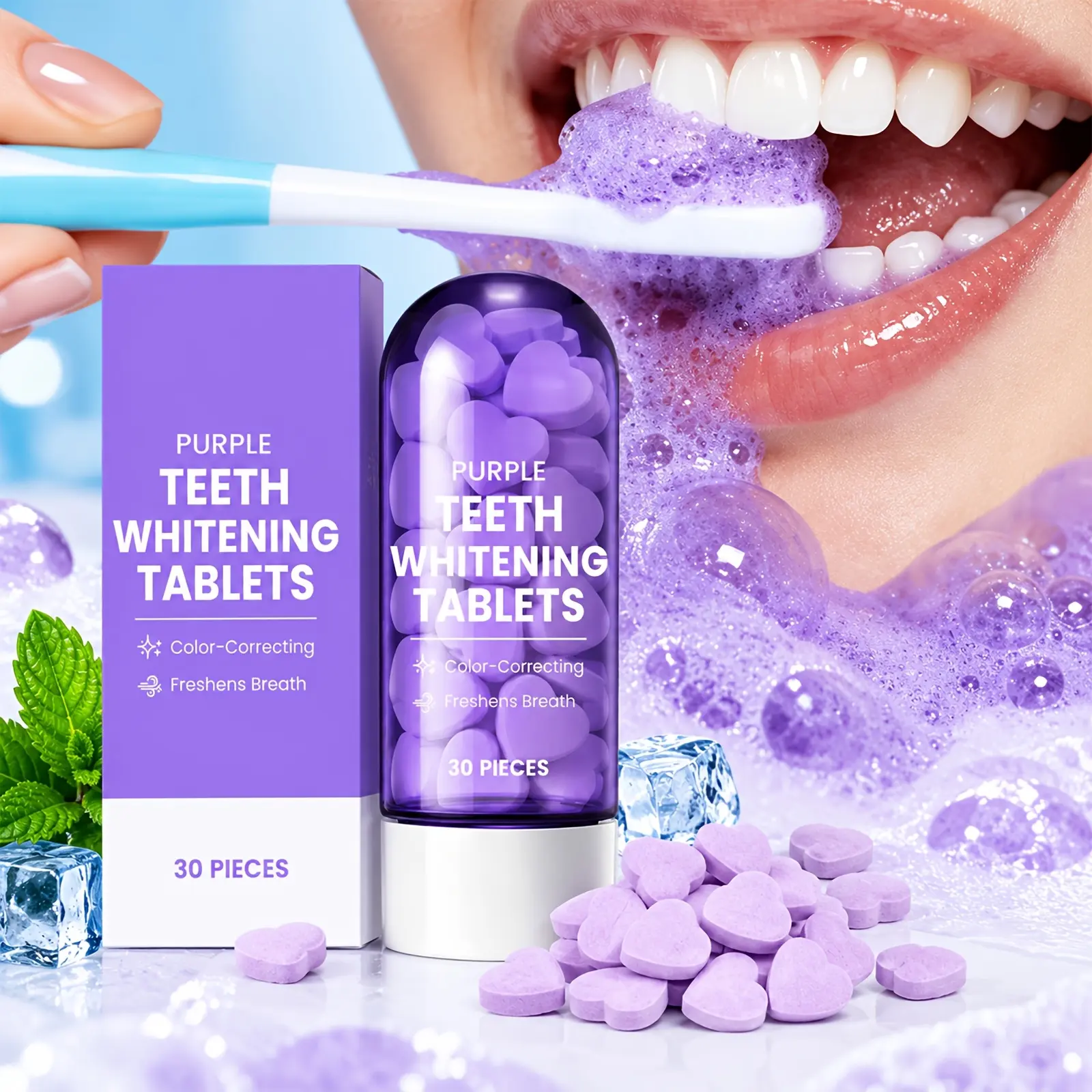 30pcs, Purple Toothpaste Tablets, Gently Clean Surface And Brighten Teeth, Fresh Breath Care for Oral Hygiene, Portable Solid Dental Tablets, Easily Achieve a White Smile