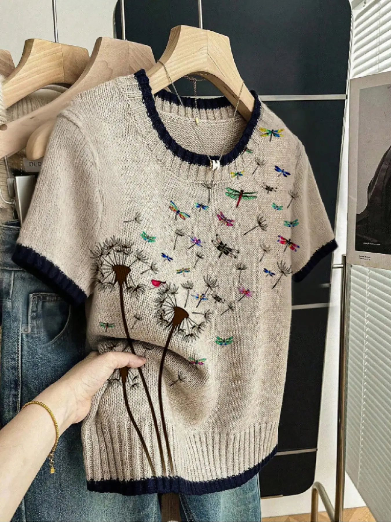 Dandelion Dragonfly Print Round Neck Sweater, Casual Fitted Short Sleeve Knitwear for Spring Summer Fall, Comfortable Warm Women's Clothing Womenswear