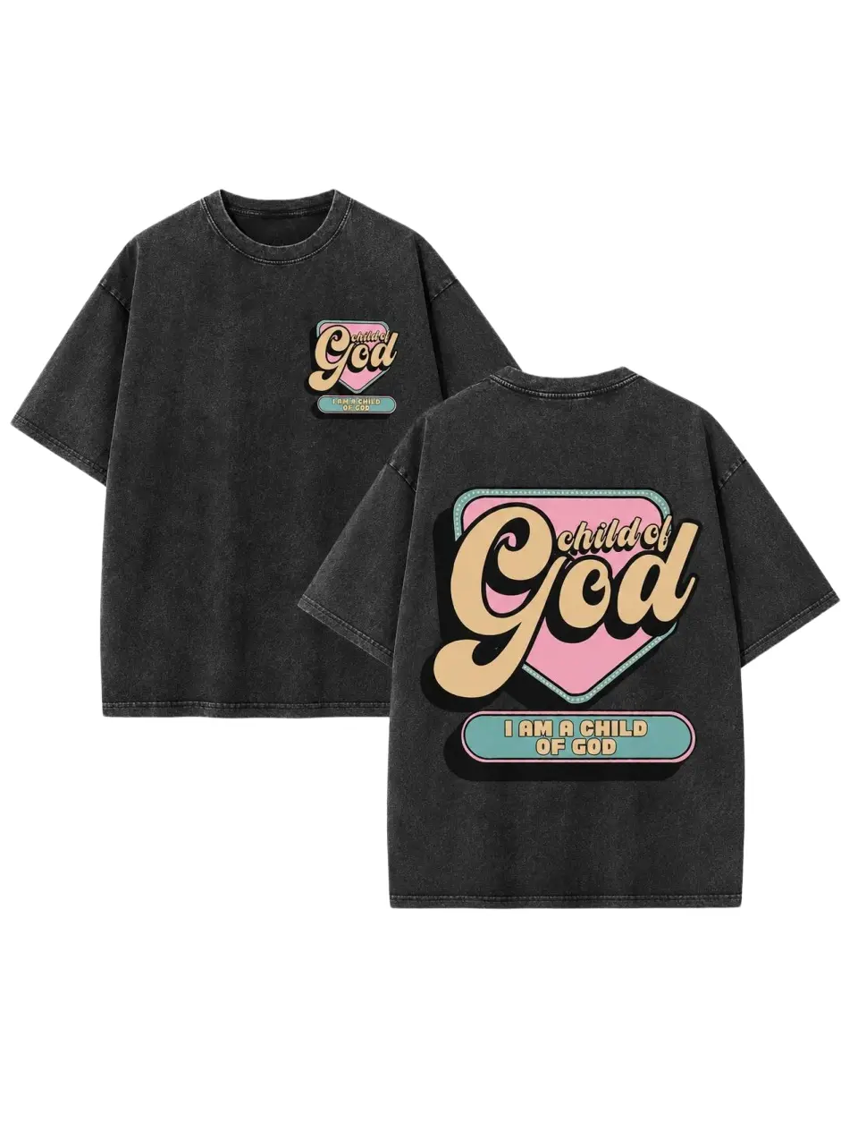 Men's Plus Size Casual Short-Sleeve T-Shirt - I Am A Child Of God Retro Bubble Script, Pastel Pink-Teal Badge, Double-Sided Washed Graphic, Trendy Streetwear, Everyday Fit