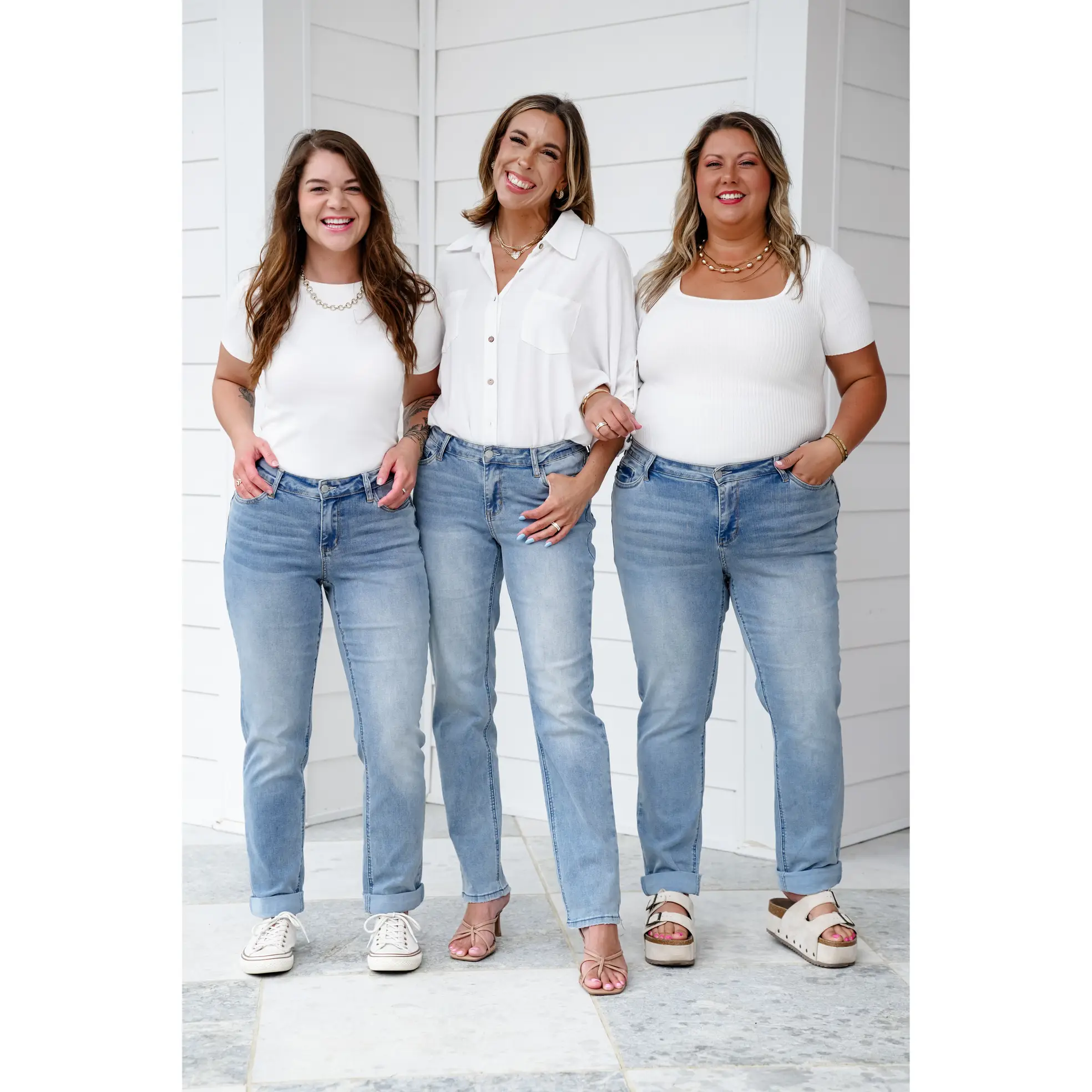 Judy Blue Riptide Mid Rise Medium Wash V Front Cuffed Boyfriend Jeans with Cool Denim