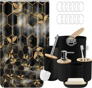 Marble Black and Accessories Set, Shower and Rug Set with, Soap Dispenser, Soap Dish, Toothbrush Holder, Toothbrush Cup, Brush