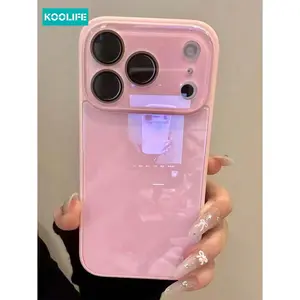 Koolife Luxury Solid Pink Glossy Glass Phone Case, Shockproof Frame with Lens Protection, Protective Hard Back Cover for iPhone 17/17 Pro/17 Pro Max